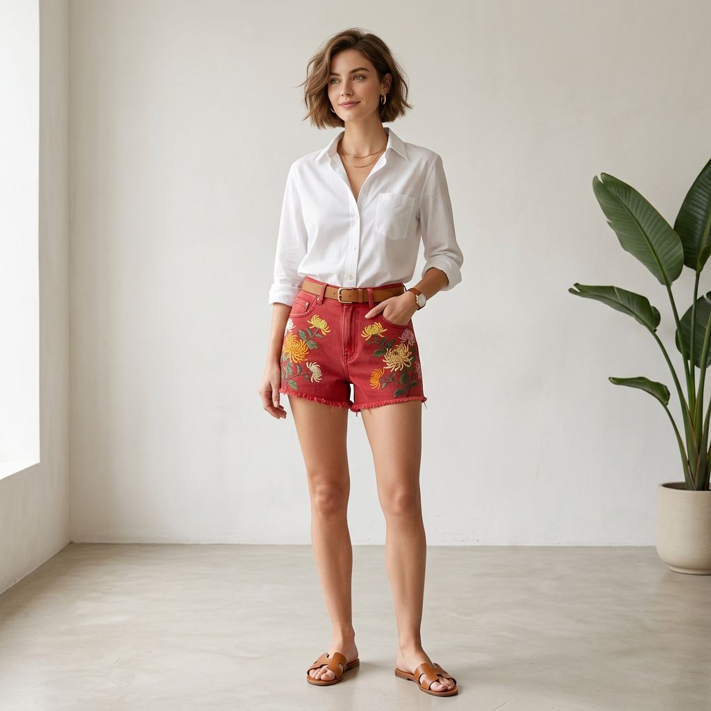 Washed Red Floral Embroidery Cut-Off Jean Shorts