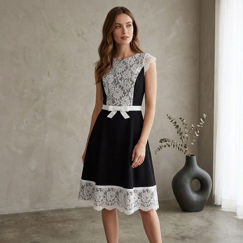 Vintage-Inspired Lace Overlay Midi Dress (Cap Sleeve)