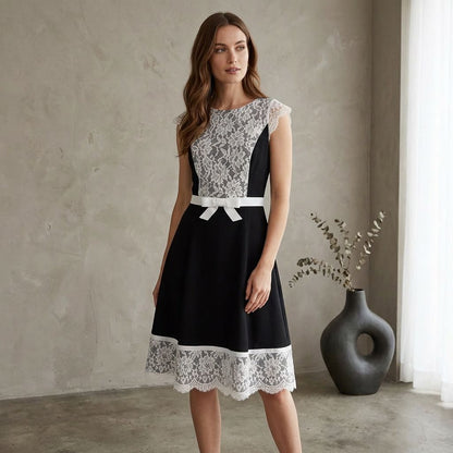 Vintage-Inspired Lace Overlay Midi Dress (Cap Sleeve)