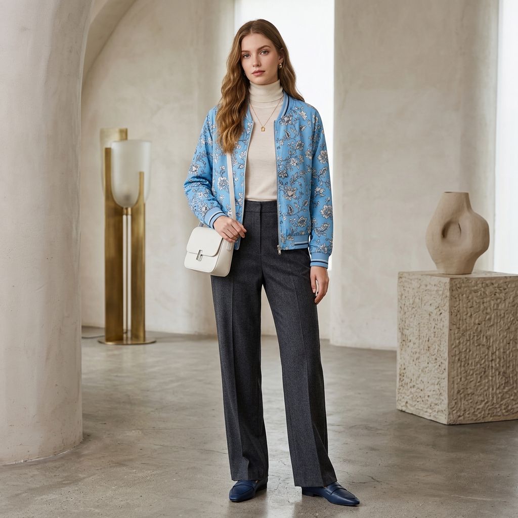 Vintage-Inspired Blue Floral Zip-Up Baseball Jacket