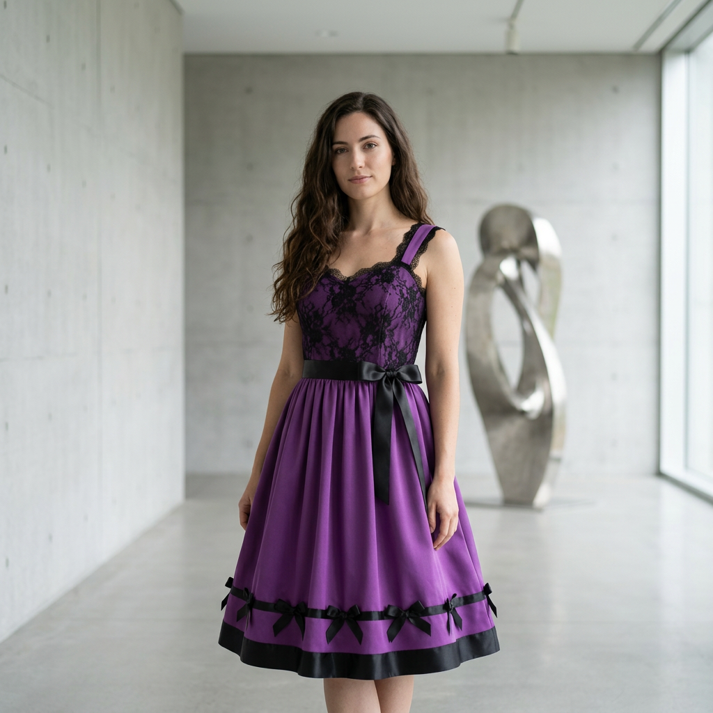 Purple Lace Bodice Fit-and-Flare Dress with Black Satin Bow