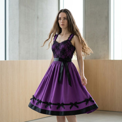Purple Lace Bodice Fit-and-Flare Dress with Black Satin Bow