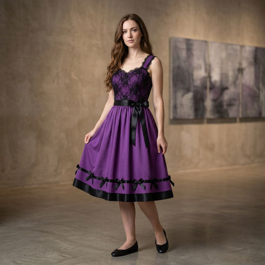 Purple Lace Bodice Fit-and-Flare Dress with Black Satin Bow