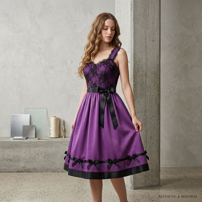 Purple Lace Bodice Fit-and-Flare Dress with Black Satin Bow