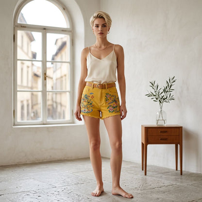 Dragon and Phoenix Floral Embroidery Frayed-Hem Denim Shorts
