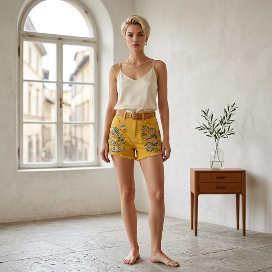 Dragon and Phoenix Floral Embroidery Frayed-Hem Denim Shorts