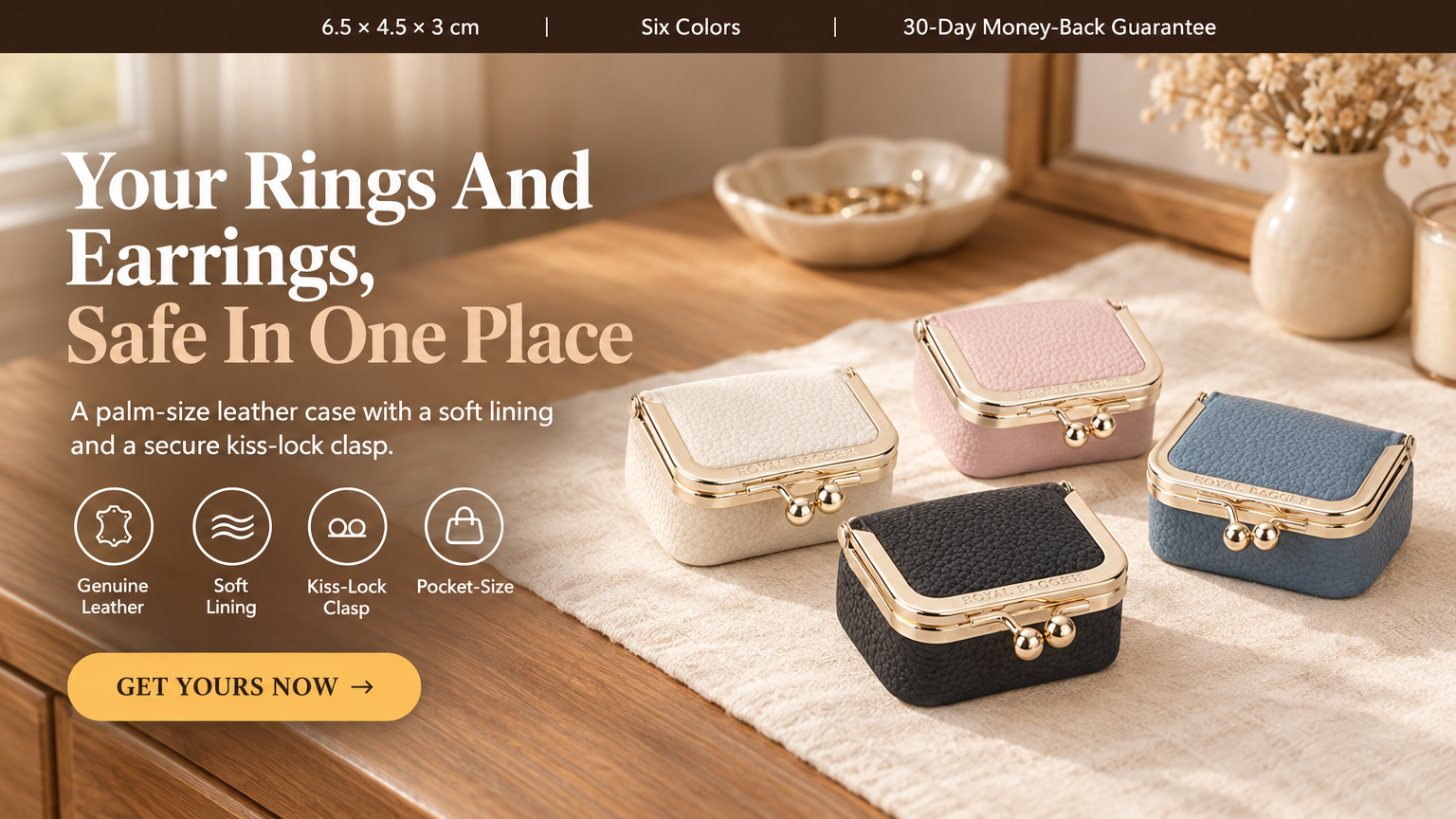 Your Rings And Earrings, Safe In One Place A palm-size leather case with a soft lining and a secure kiss-lock clasp