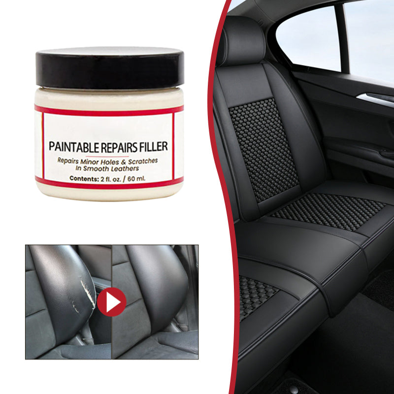 Leather car seat repaired with paintable filler